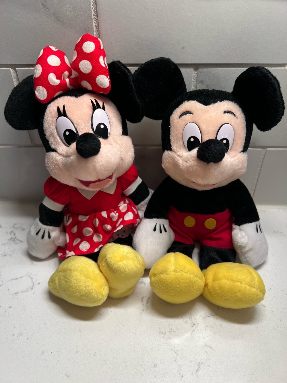 Vintage Disney Mickey & Minnie Mouse mini plush toys from the 1990s. 9” tall.